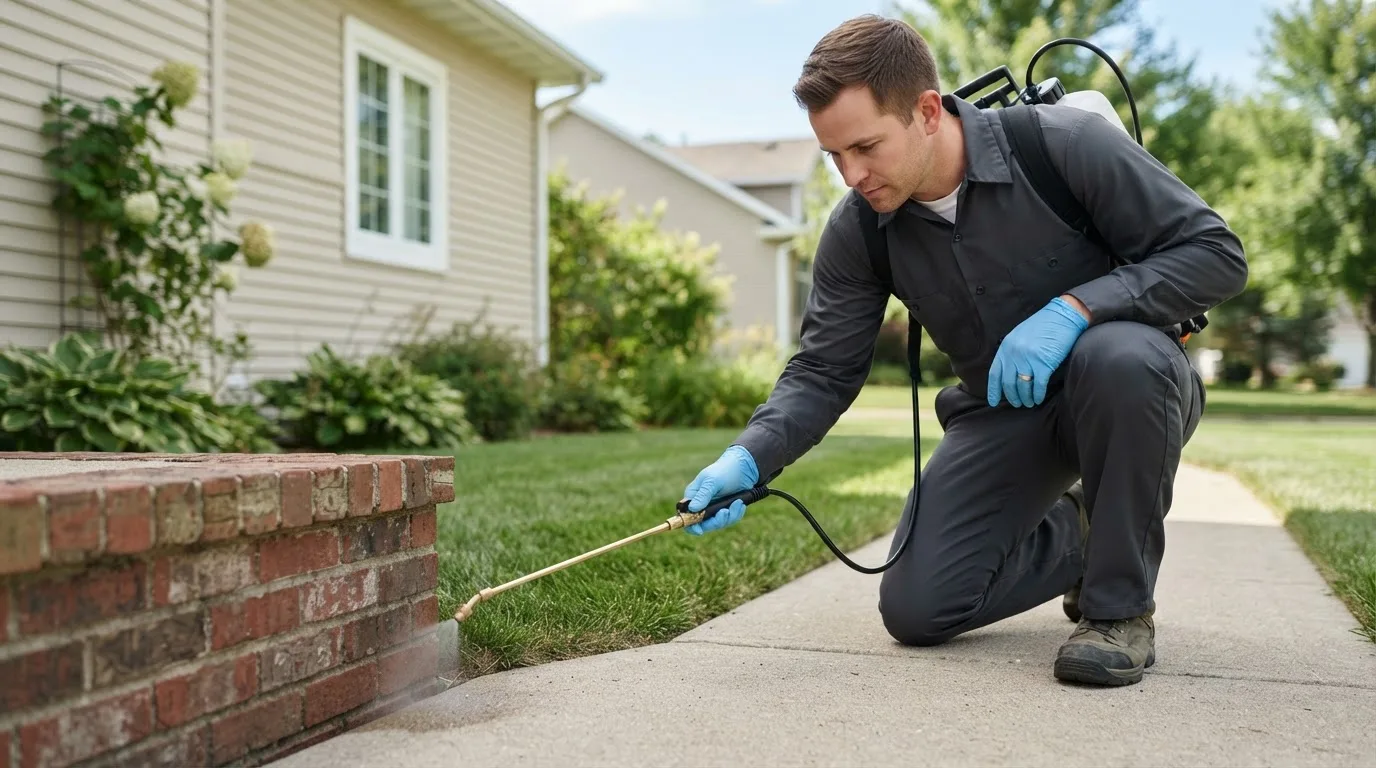 Pest control technician treating a home near Soldiers Grove, WI